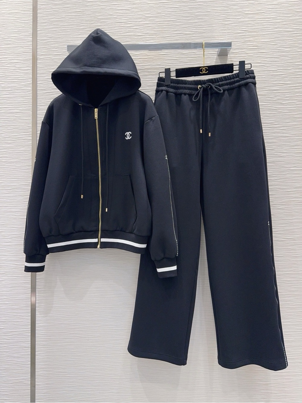 CHANEL Black Hooded Zip Sweatshirt and Wide-Leg Pants with White Trim